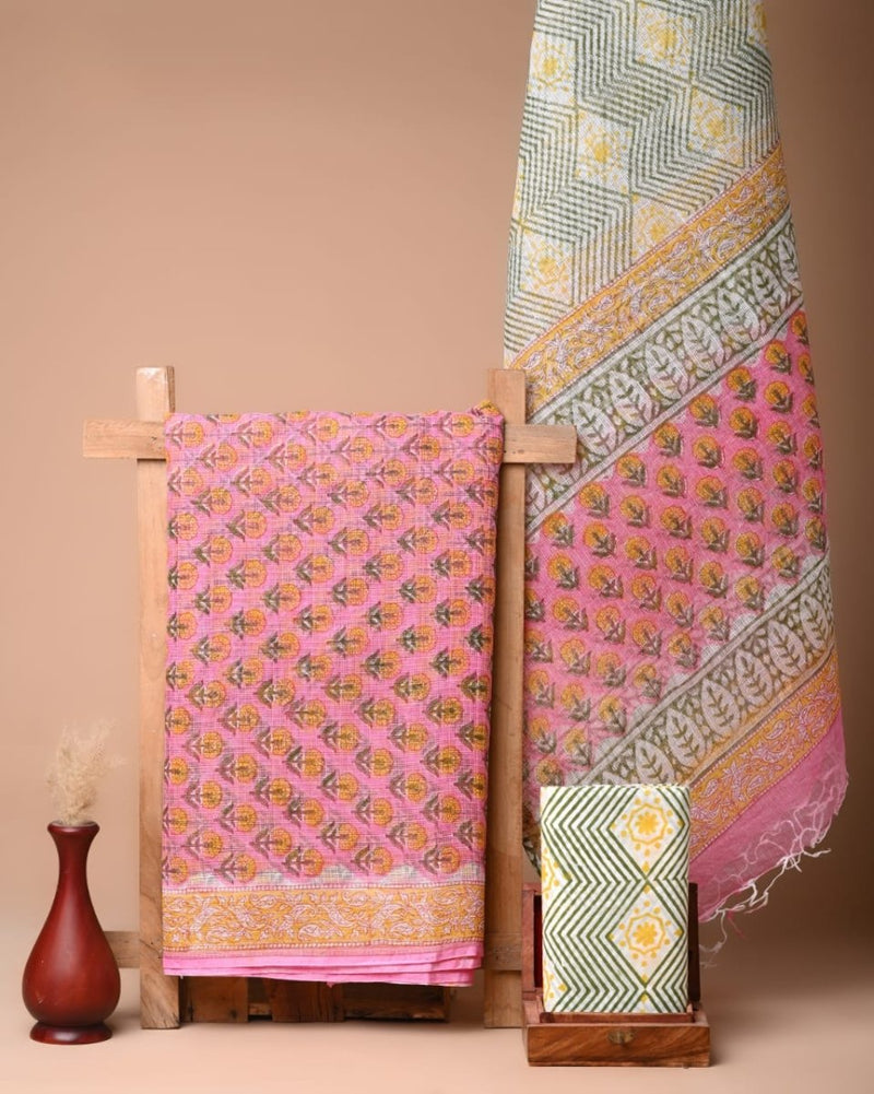 Pure Cotton Hand Block Printed Kota Doria Unstitched Salwar Suit - Leheriya