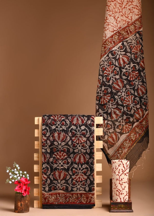 Pure Cotton Hand Block Printed Kota Doria Unstitched Salwar Suit - Leheriya