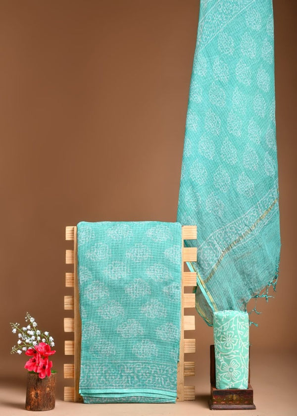 Pure Cotton Hand Block Printed Kota Doria Unstitched Salwar Suit - Leheriya