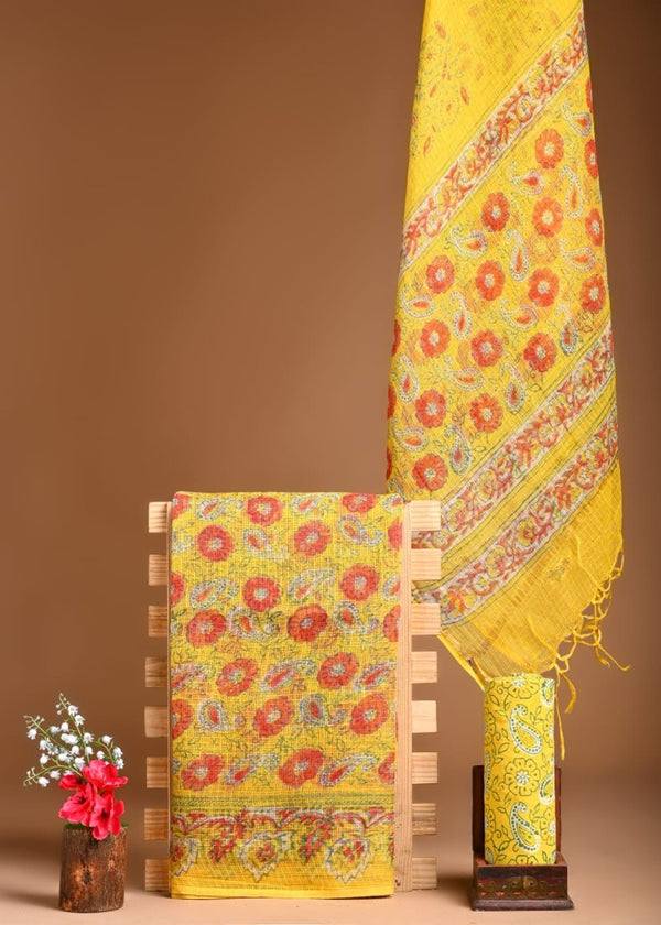 Pure Cotton Hand Block Printed Kota Doria Unstitched Salwar Suit - Leheriya