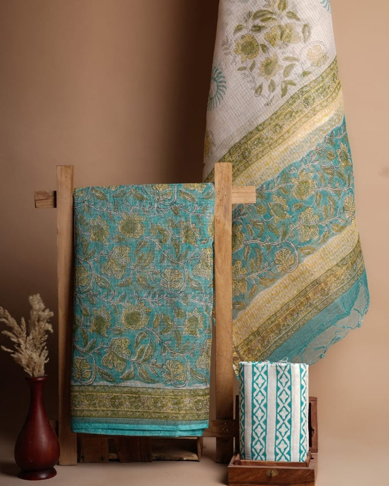 Pure Cotton Hand Block Printed Kota Doria Unstitched Salwar Suit - Leheriya