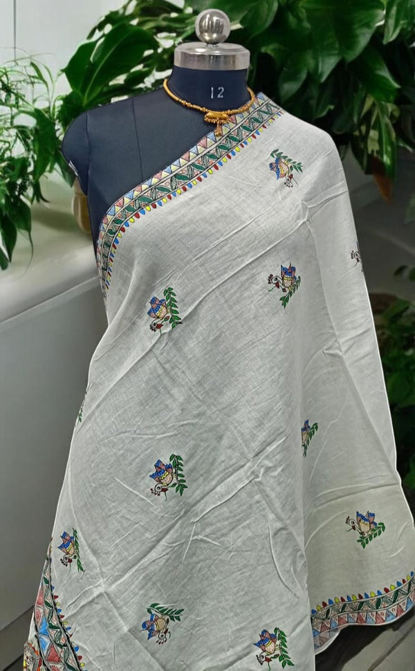 Pure Cotton Handpainted Madhubani Masterpiece Dupatta/ Stole - Leheriya