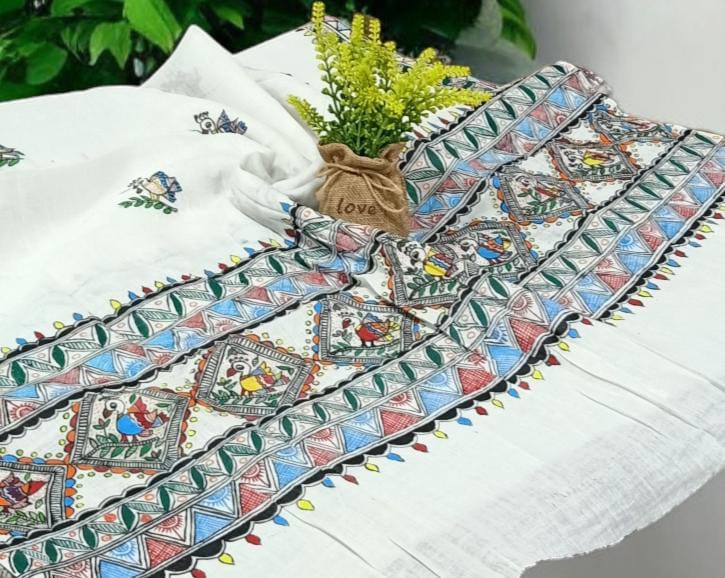 Pure Cotton Handpainted Madhubani Masterpiece Dupatta/ Stole - Leheriya