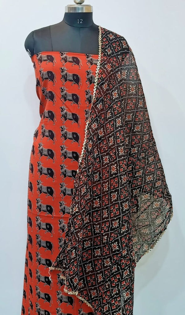 Pure cotton Kalamkari top Hand Block Printed with Patola Kota Doria Dupatta - Leheriya