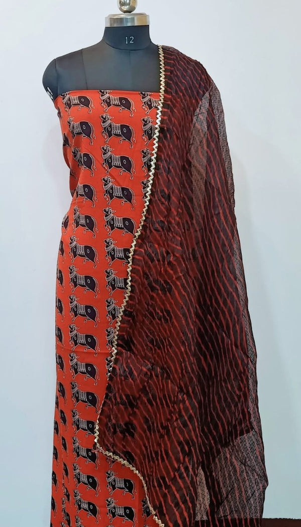 Pure cotton Kalamkari top Hand Block Printed with Patola Kota Doria Dupatta - Leheriya