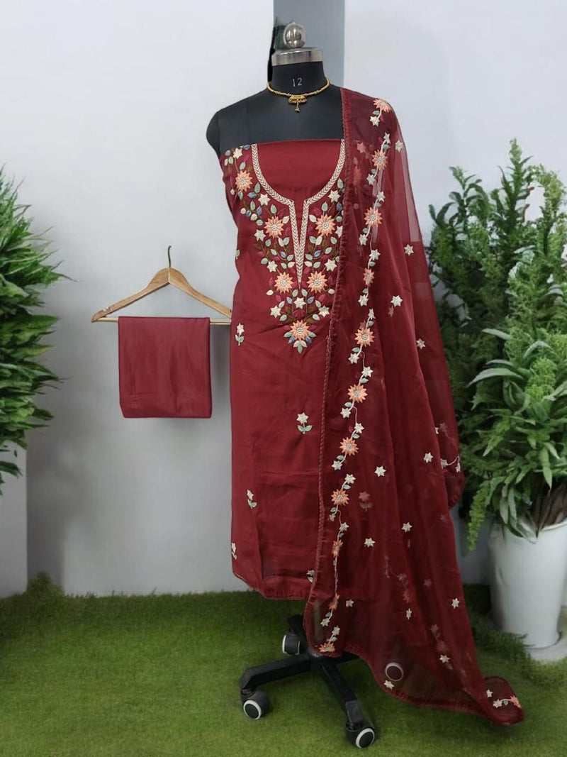 Pure Crepe Fabric Handwork 3 pc Unstitched Salwar Suit - Leheriya