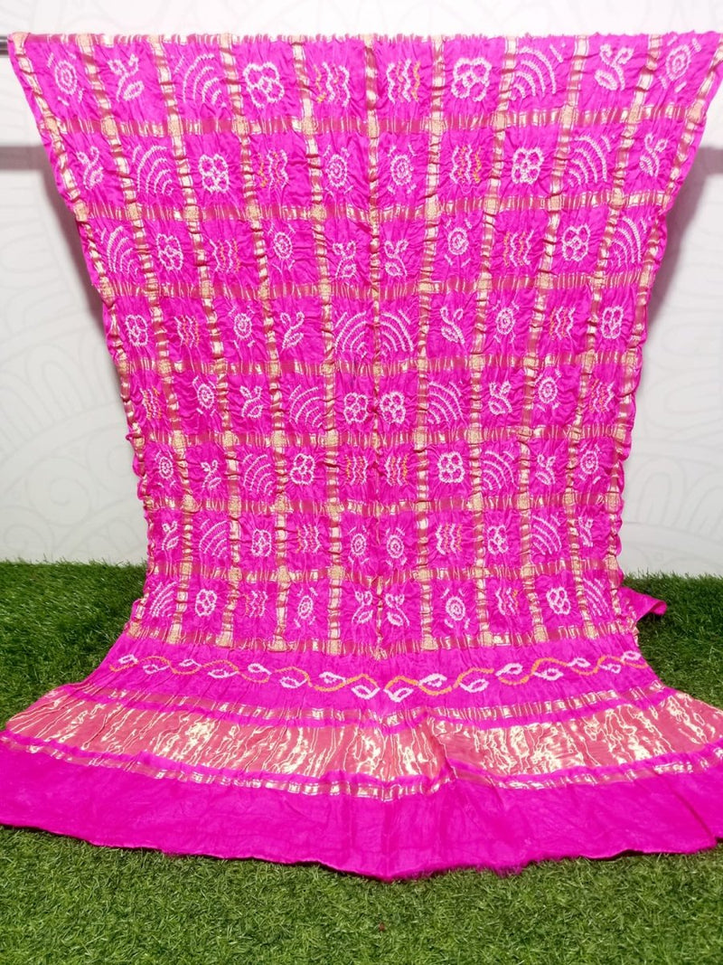 Pure Gaji Silk Bandhani Gharchola Neon Pink Color Dupatta - Leheriya