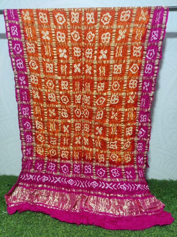 Pure Gaji Silk Bandhani Shaded Gharchola Orange & Rani Pink Color Dupatta - Leheriya