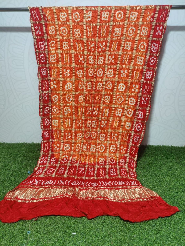 Pure Gaji Silk Bandhani Shaded Gharchola Orange & Red Color Dupatta - Leheriya