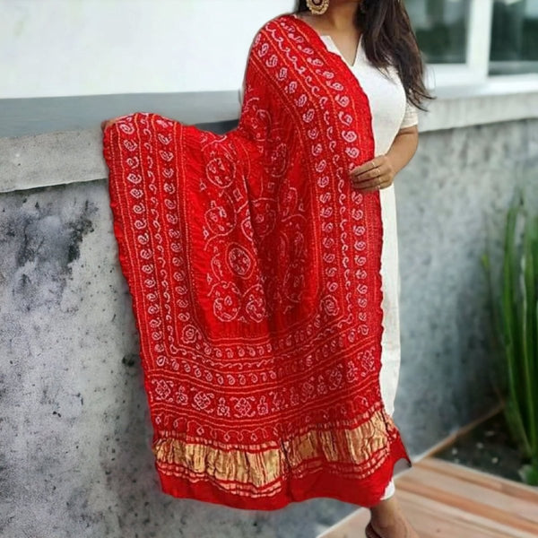 Pure Gaji Silk Peacock Dupatta | Bright Red | - Leheriya