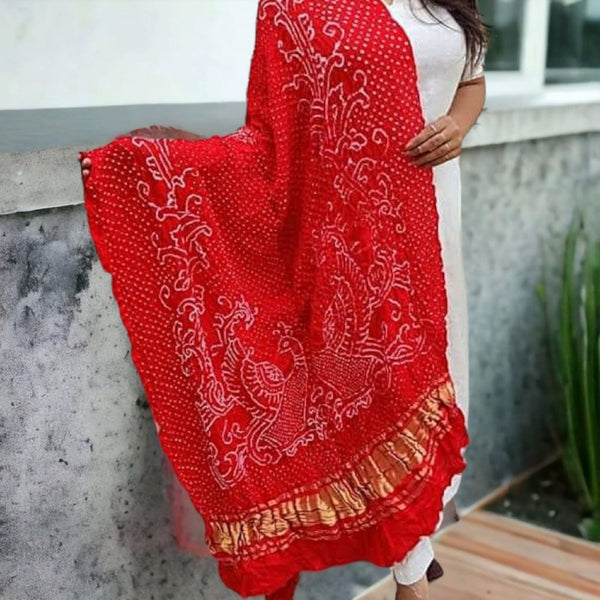 Pure Gaji Silk Peacock Dupatta | Red | - Leheriya