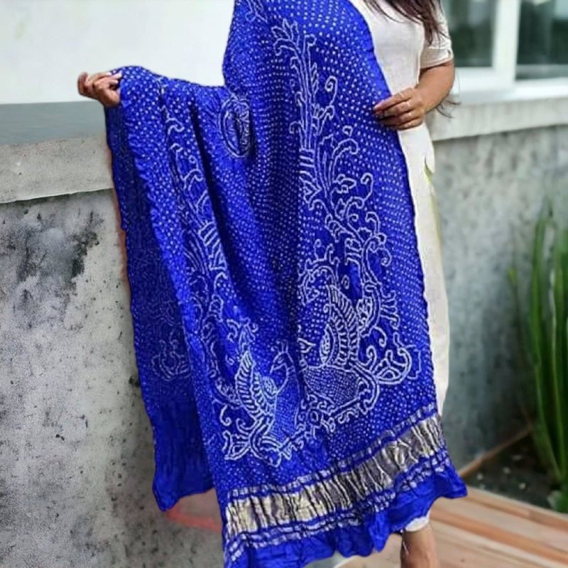 Pure Gaji Silk Peacock Dupatta | Royal Blue | - Leheriya