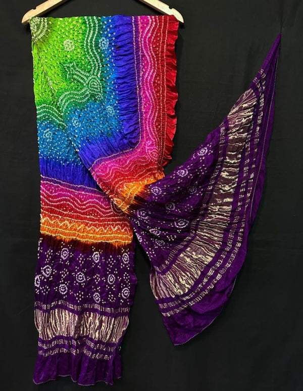 Pure Gaji Silk Tissue Pallu Multi Color Dyeing Chandrokhani Design Bandhani Dupatta - Leheriya