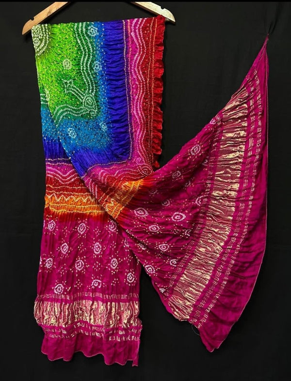 Pure Gaji Silk Tissue Pallu Multi Color Dyeing Chandrokhani Design Bandhani Dupatta - Leheriya