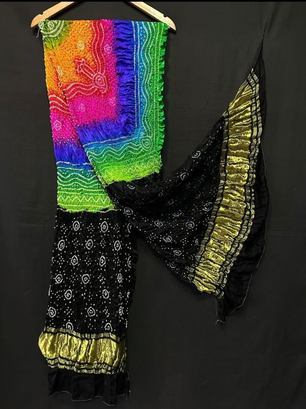 Pure Gaji Silk Tissue Pallu Multi Color Dyeing Chandrokhani Design Bandhani Dupatta - Leheriya