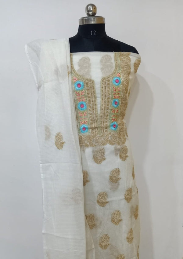 Pure Kota Doria Cotton Chikankari and Parsi Handwork Work Salwar Suit - Leheriya