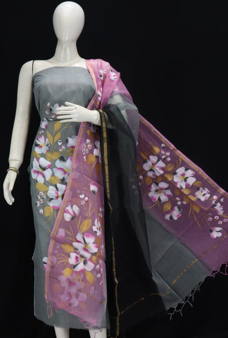 Pure Kota Doria Cotton Hand Brush Painted Salwar Suit with Contrast Dupatta - Leheriya