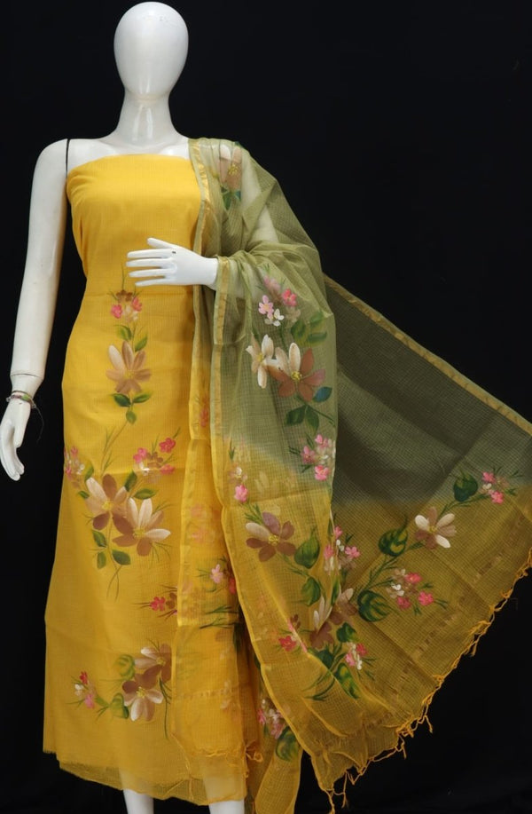 Pure Kota Doria Hand Brush Painted Salwar Suit with Contrast Dupatta - Leheriya