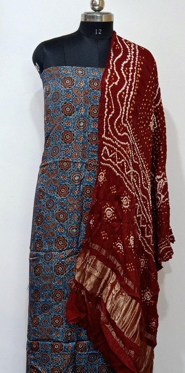 Pure Modal Silk Ajrakh Bandhani Salwar Suit - Leheriya