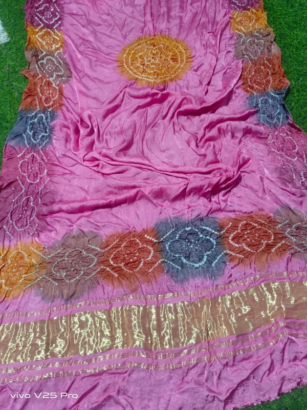 Pure Modal Silk Multi Colour Tie & Dye Hand Bandhani Dupatta - Leheriya