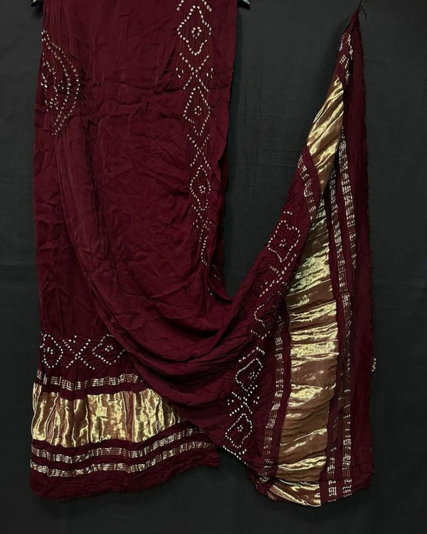 Pure Modal Silk Tie & Dye Hand Bandhani Dupatta | Dark Maroon | - Leheriya