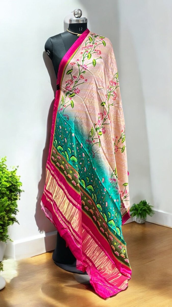 Pure Silk Patola Digital Pichwai Print Dupatta with Silk Tissue Pallu - Design 9 - Leheriya