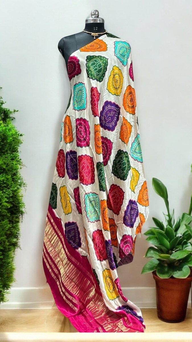 Pure Silk Patola Digital Print Dupatta with Silk Tissue Pallu - Design 4 - Leheriya