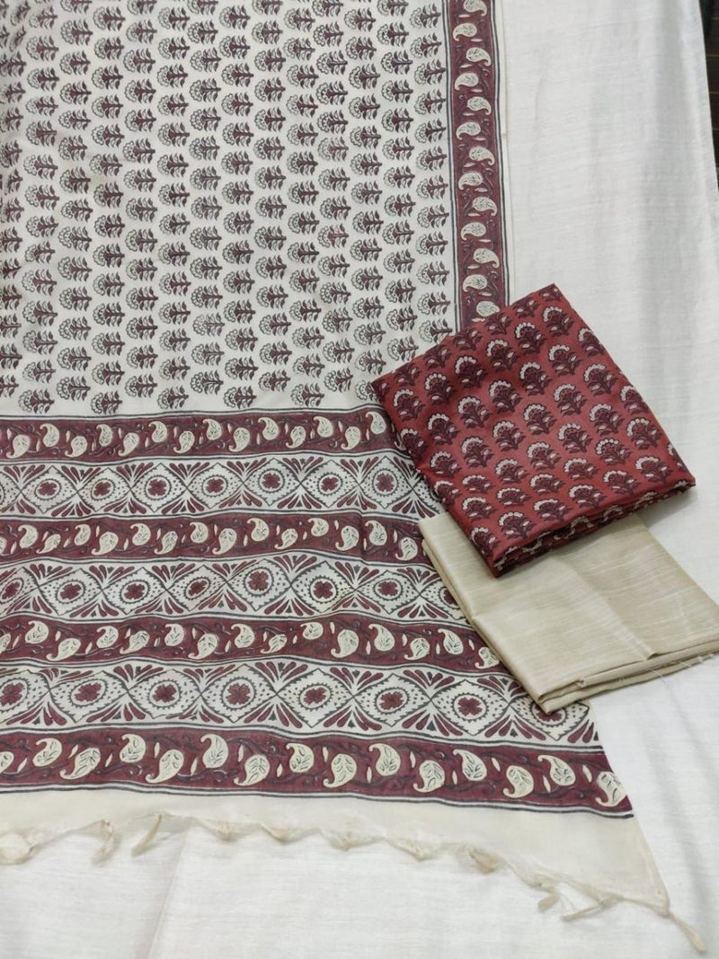 Pure Tussar Silk Hand Block Printed Three Piece Salwar Suit Material - Leheriya