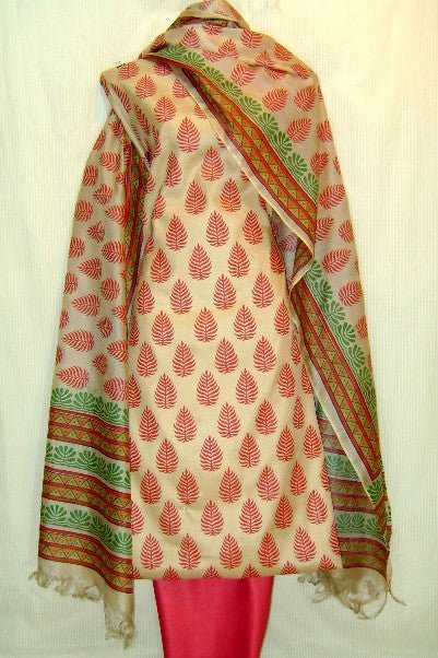 Pure Tussar Silk Hand Block Printed Three Piece Salwar Suit Material - Leheriya