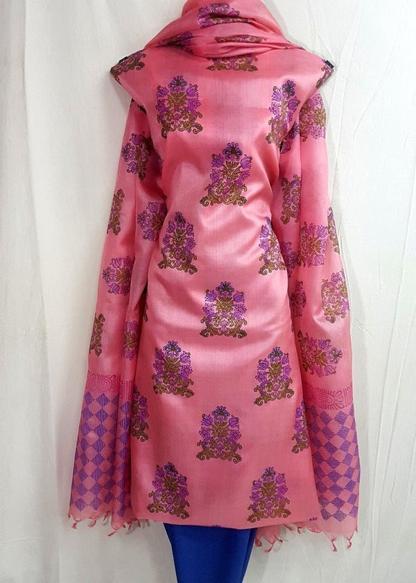 Pure Tussar Silk Hand Block Printed Three Piece Salwar Suit Material - Leheriya