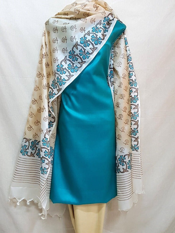 Pure Tussar Silk Hand Block Printed Three Piece Salwar Suit Material - Leheriya