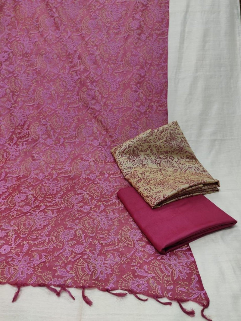 Pure Tussar Silk Hand Block Printed Three Piece Salwar Suit Material - Leheriya