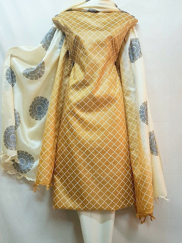 Pure Tussar Silk Hand Block Printed Three Piece Salwar Suit Material - Leheriya