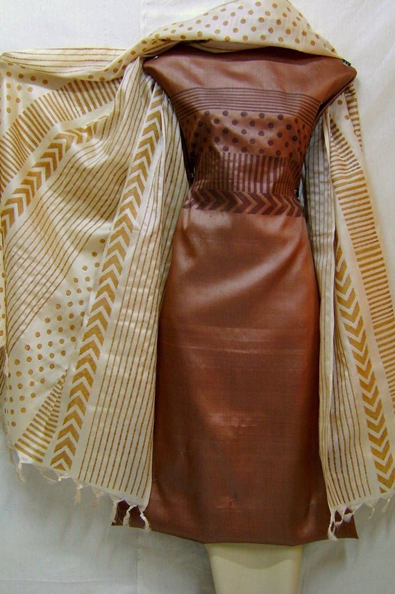Pure Tussar Silk Hand Block Printed Three Piece Salwar Suit Material - Leheriya