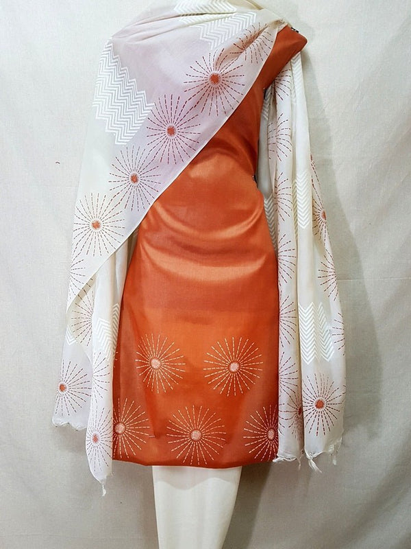 Pure Tussar Silk Hand Block Printed Three Piece Salwar Suit Material - Leheriya