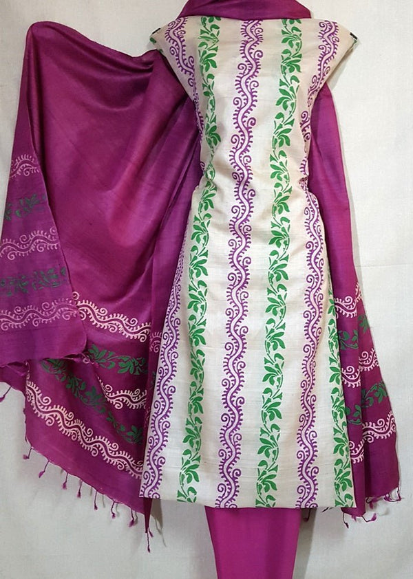 Pure Tussar Silk Hand Block Printed Three Piece Salwar Suit Material - Leheriya