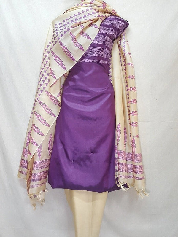 Pure Tussar Silk Hand Block Printed Three Piece Salwar Suit Material - Leheriya