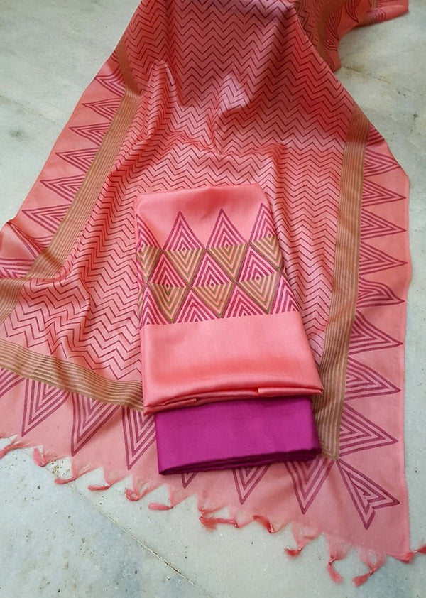 Pure Tussar Silk Hand Block Printed Three Piece Salwar Suit Material - Leheriya