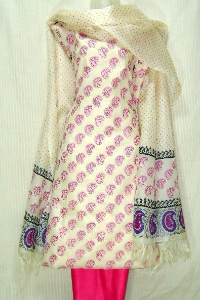 Pure Tussar Silk Hand Block Printed Three Piece Salwar Suit Material - Leheriya