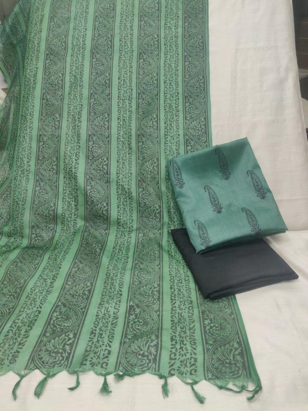 Pure Tussar Silk Hand Block Printed Three Piece Salwar Suit Material - Leheriya