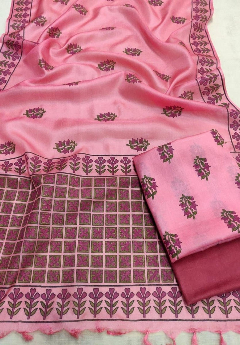 Pure Tussar Silk Hand Block Printed Three Piece Salwar Suit Material - Leheriya