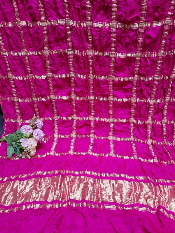 Rani Pink Pure Gaji Silk Gharchola Dupatta with Golden Zari Work - Leheriya