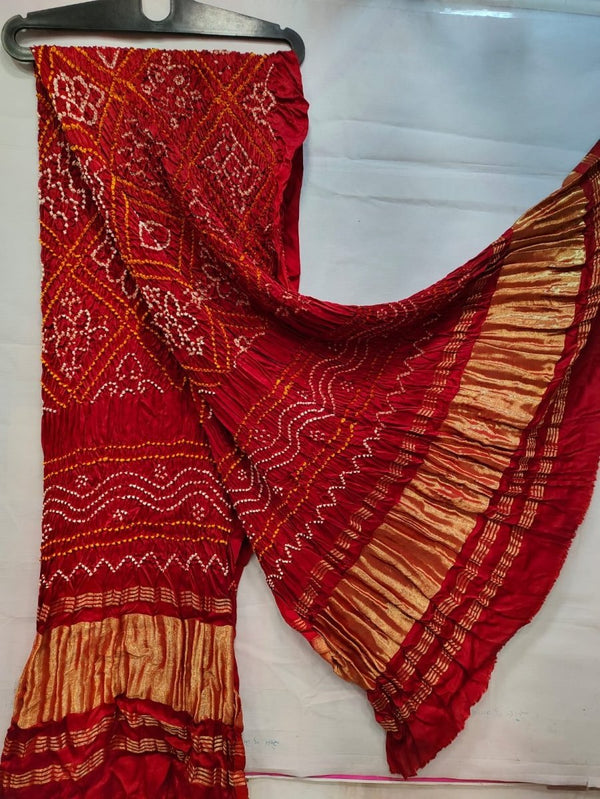 Red Bavan Bagh Modal Silk Hand Made Bandhani Dupatta with Silk Tissue Pallu - Leheriya