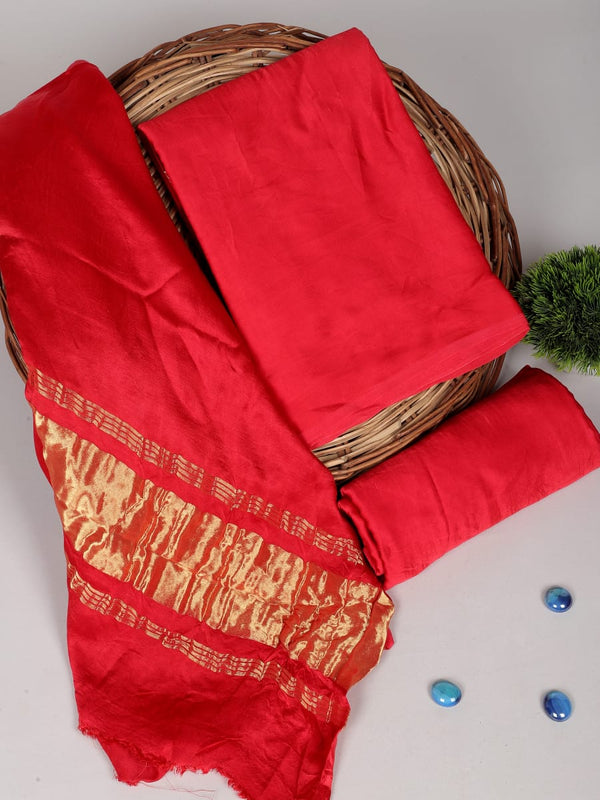 Red Color 3pc Plain Modal Silk Salwar Suit Material Set with Lagdi Patta Dupatta - Leheriya