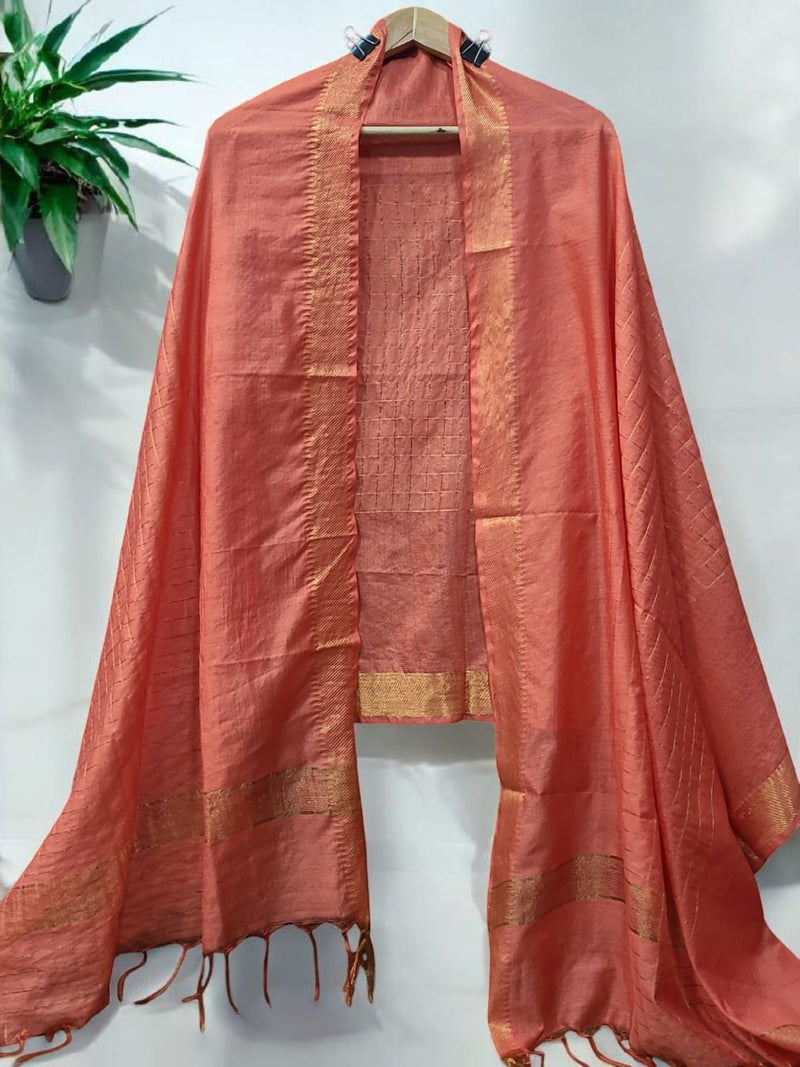 Red Color Mangalagiri Zari Border Cotton Silk Dupatta - Leheriya