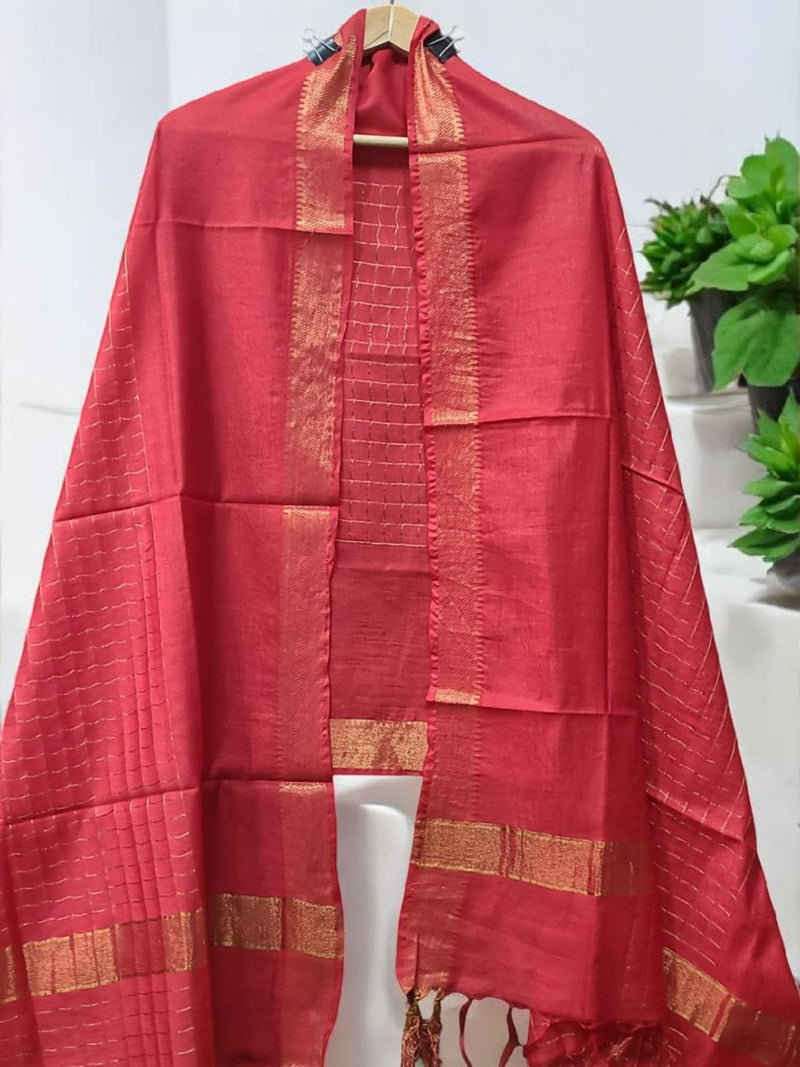 Red Color Mangalagiri Zari Border Cotton Silk Dupatta - Leheriya