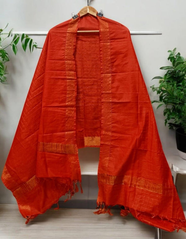 Red Color Mangalagiri Zari Border Cotton Silk Dupatta - Leheriya