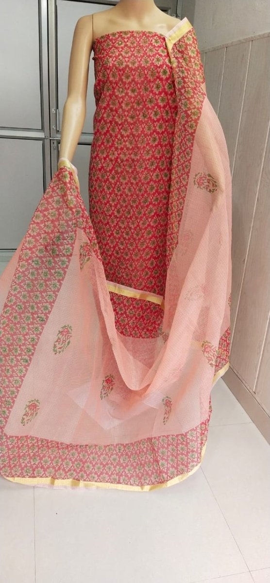 Red Hand Block Printed Kota Doria Salwar Suit - Leheriya