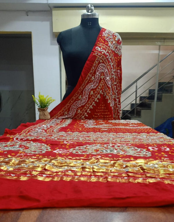 Red Leheriya Exclusive Pure Gaji Silk Rai Bandhej Heavy Gota Patti Work Bandhani Dupatta - Leheriya