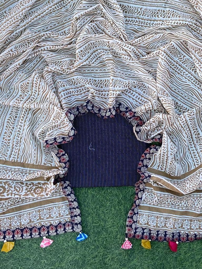 Sanganeri Pure Cotton Dupatta Patch Work With Ajrakh Border With Kantha Weaved Top 5770